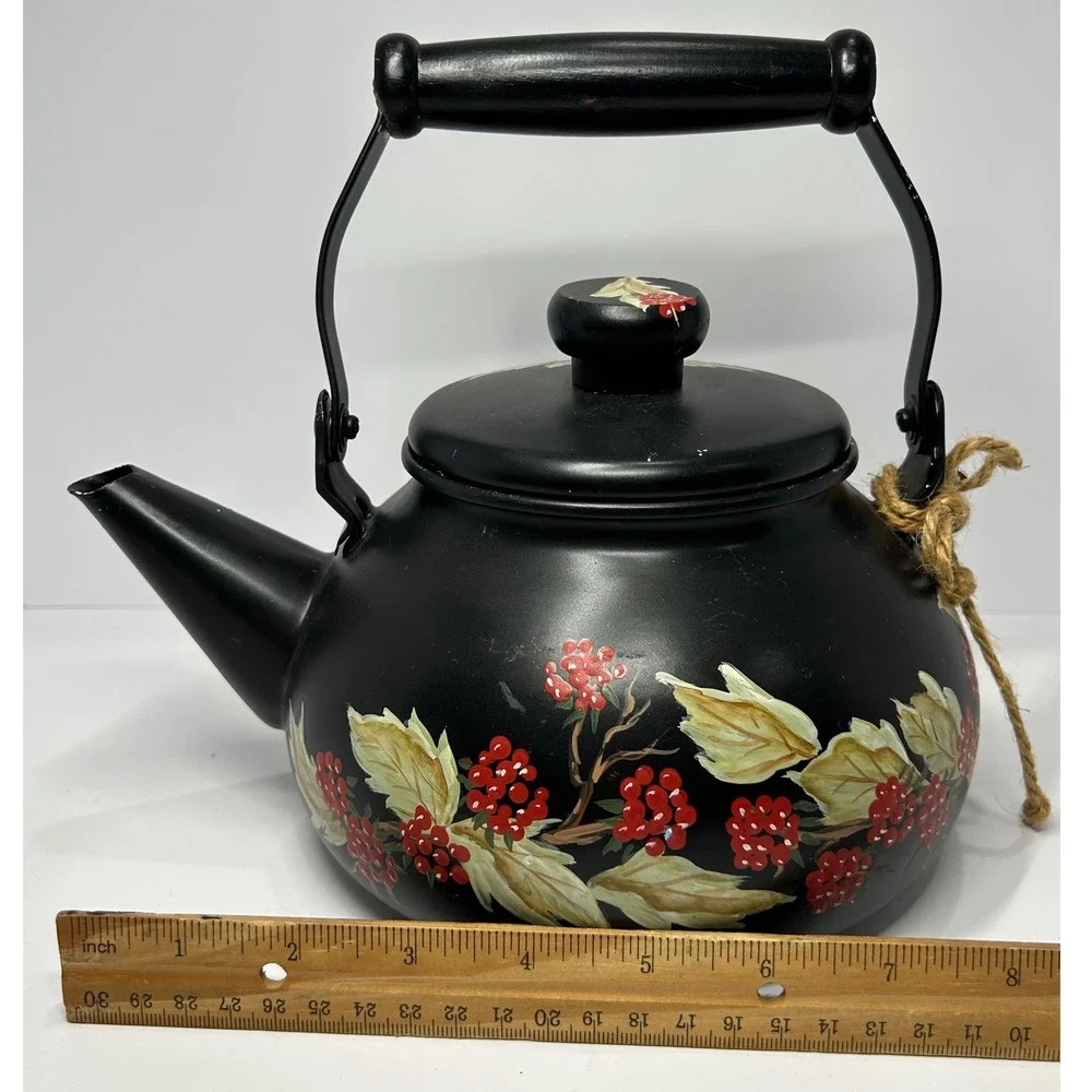 Hand Painted Matte‎ Black Tea Kettle Bird and Red Berries Decorative Farmhouse